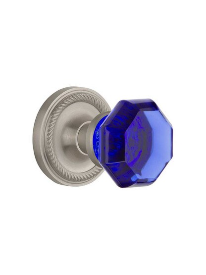 Rope Rosette Door Set with Colored Waldorf Crystal Glass Knobs Cobalt Blue in Satin Nickel.